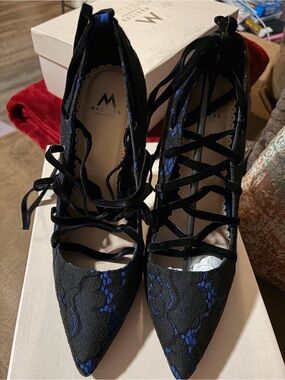 Madison Black Pointed Lace-Up Heels with Blue Floral Embroidery